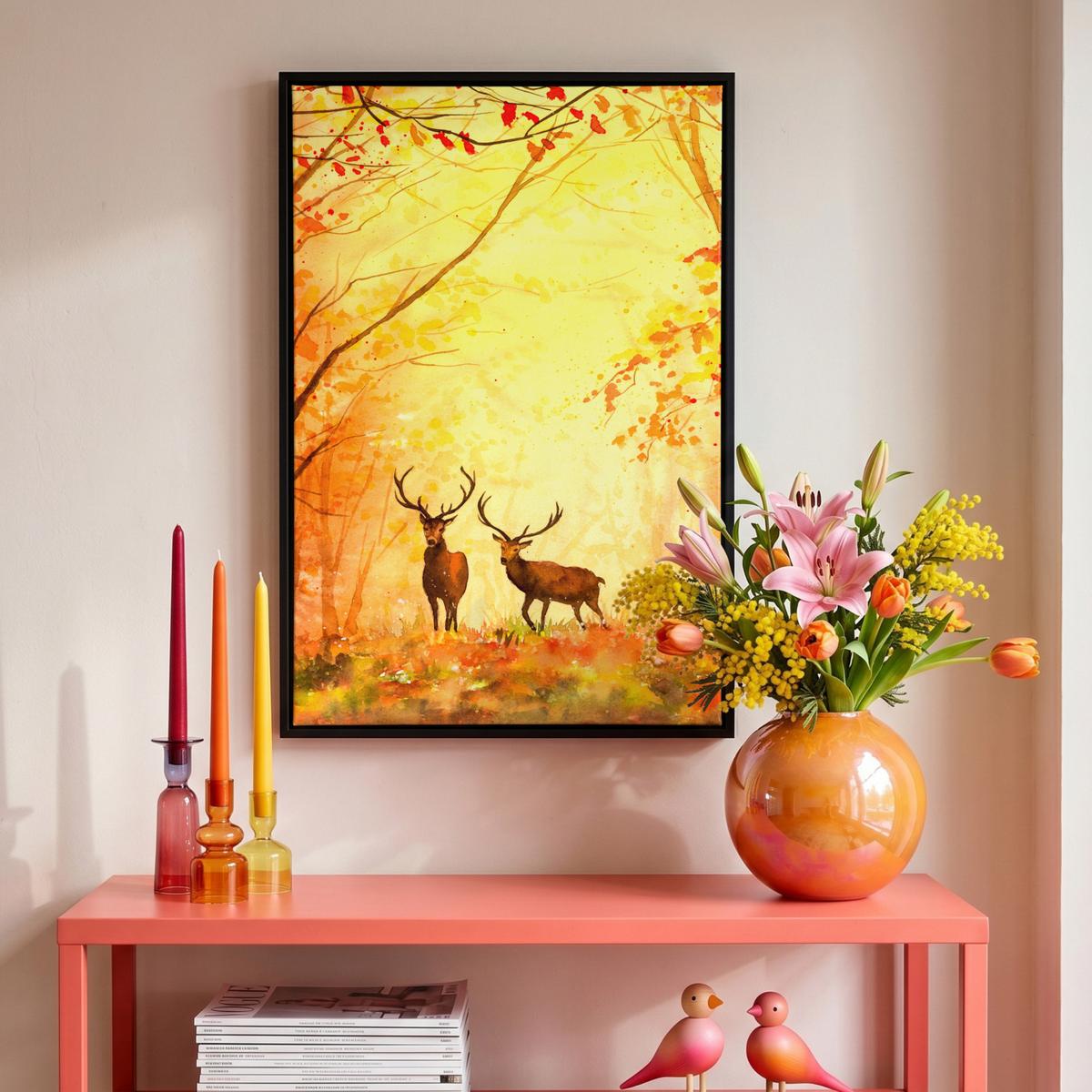 LEINWAND Bilder mit Rahmen - Natur - Ölfarbe - Hirsche - Tiere - Herbst - Orange - 40x60 - Orange, Textil (40/60cm) - MuchoWow