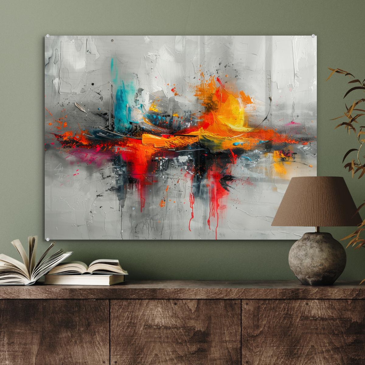ACRYLGLASBILD Moderne Kunst - Orange - Grau - Abstrakt 80x60 cm - Hellgrau, Glas (80/60cm) - MuchoWow