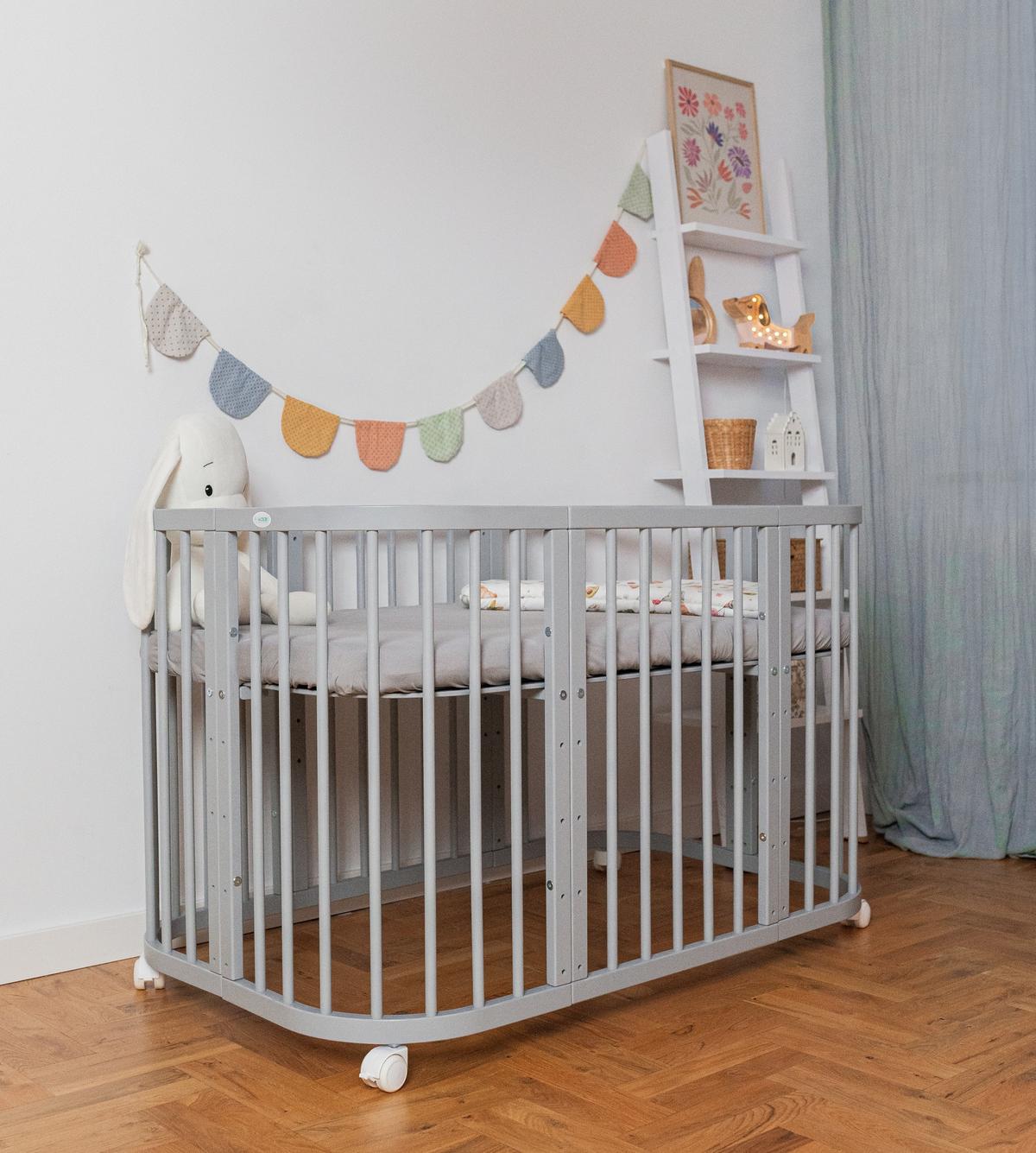 BABYBETT GREY, 7in1 mit Matratze - Rosa/Grau, Holz (73/123cm) - waldin