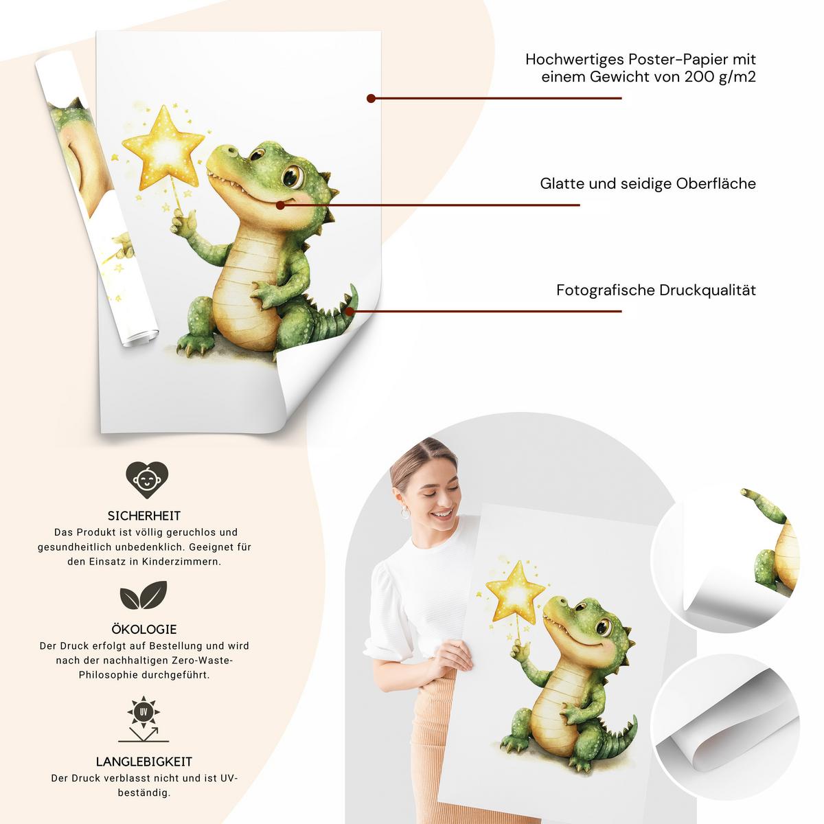 POSTER SET für Kinderzimmer TIERE Sterne Krokodil Delfin Pinguin A3 30x42cm - Gelb/Schwarz, Papier (30/42/1cm) - Muralo