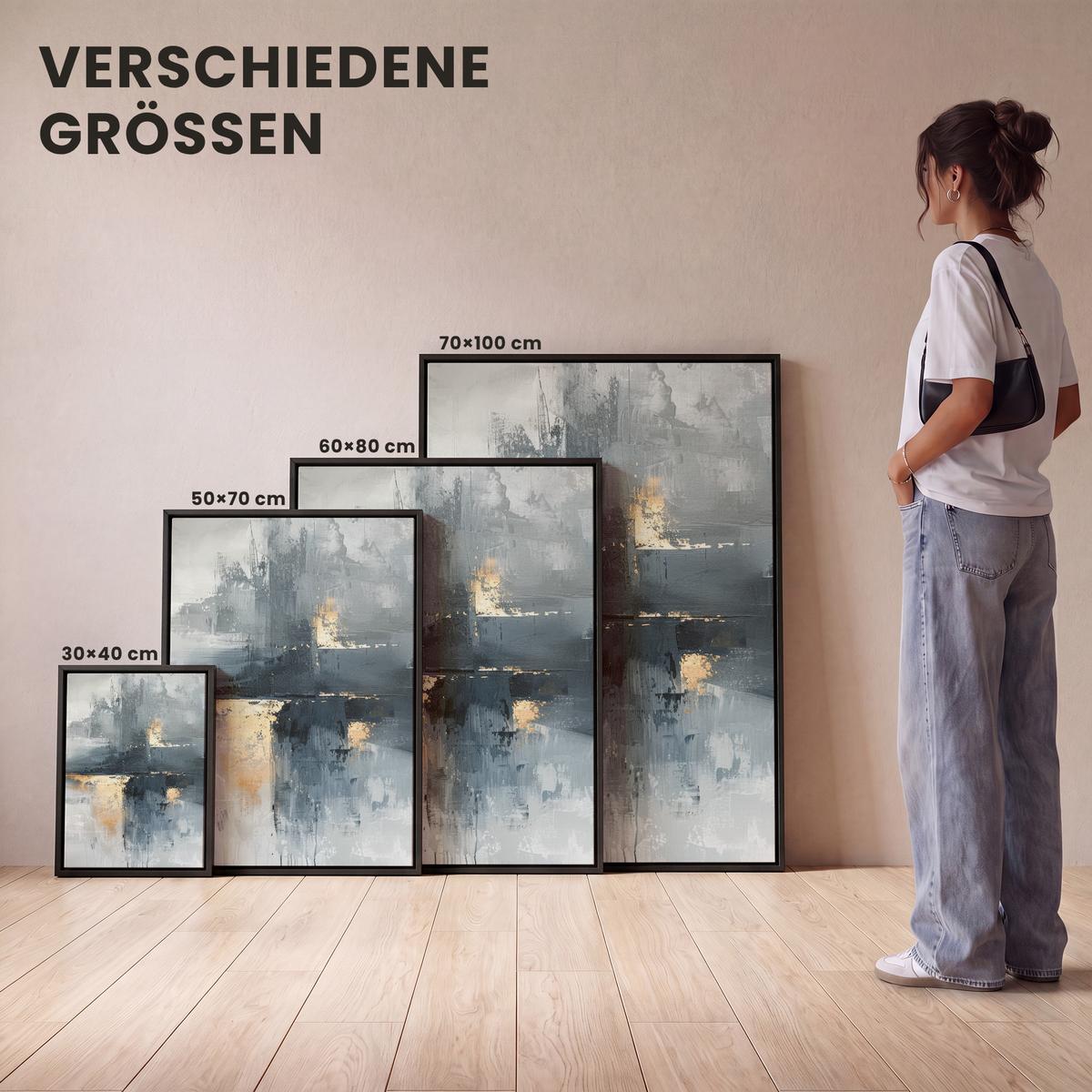 LEINWAND Bilder mit Rahmen - Kunst - Grau - Gold - Abstrakt - 60x80 - Dunkelgrau, Textil (60/80cm) - MuchoWow