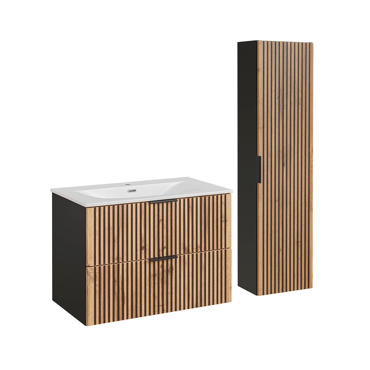 BADMÖBEL 80.4cm Gaia 2er-Set Holz in Eichenoptik und Schwarz - Schwarz, Holzwerkstoff (80.4/57/46cm) - Petits-meubles