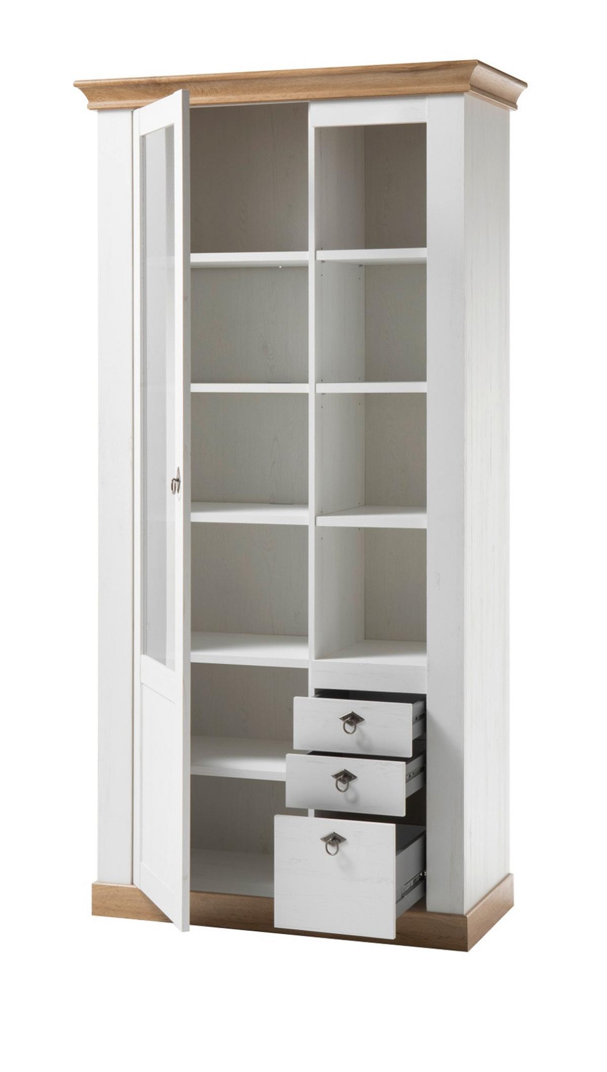 WOHNWAND 4-teilig weiß Pinie, Eiche Wotan 376 cm, Schrankwand im Landhaus-Stil - Silberfarben/Eiche Wotan, Glas/Holzwerkstoff (376/204/52cm) - Furn.Design