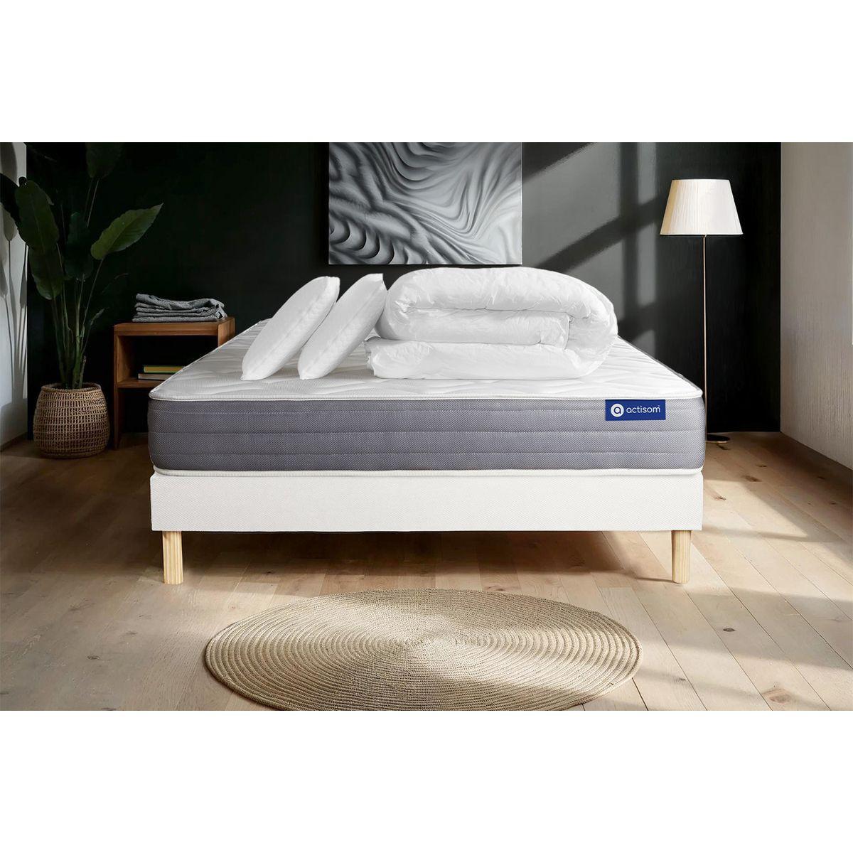 BETT Actimemo dream Memory-Schaum 140 x 200 cm h2 - Kit Bettgestell Weiß - Mit Kissen und Bettdecke - Beige/Weiß, Karton/Holz (140/200cm) - ACTISOM