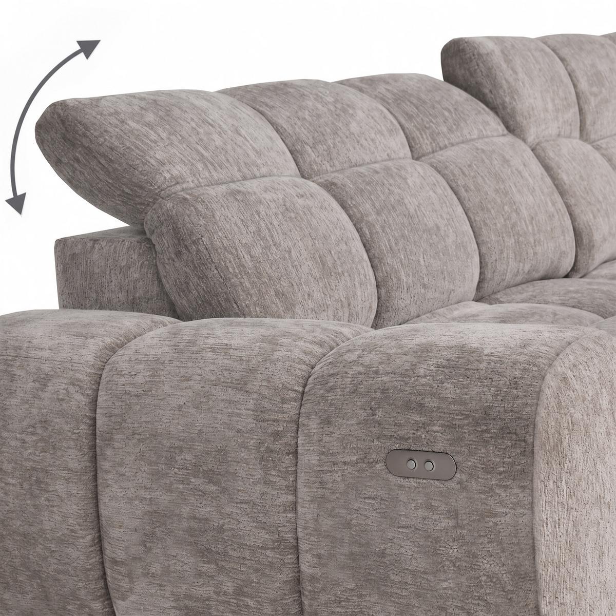 ECKSOFA Marco Mini mit elektrisch ausfahrbarem Sitz und verstellbaren Kopfstützen, Rechts, Chenille-Stoff, Hellbraun - Hellbraun/Schwarz, Textil (275/182cm) - Beautysofa