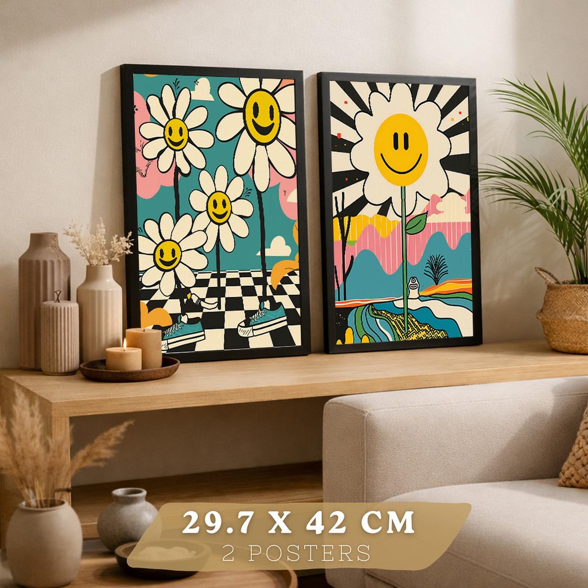 POSTER 4er Kunstdruck-Set Wandbilder Smiley Blume modern Wohnzimmer Deko, Schlafzimmer, Küche, Badezimmer Schwarzer Rahmen A3 - Schwarz, Papier (29.7/1/42cm) - Nacnic
