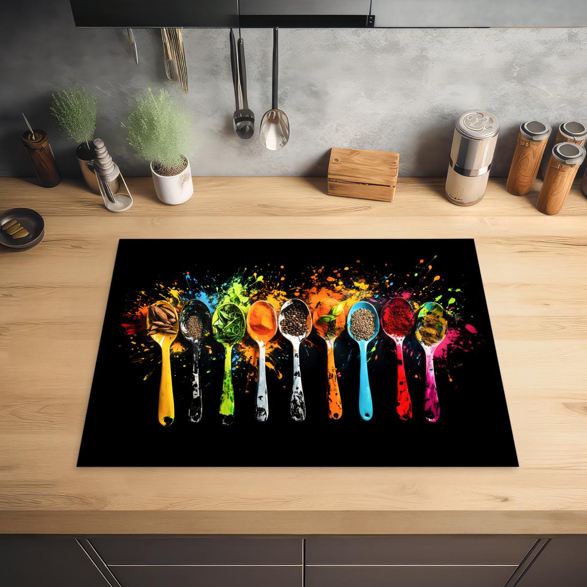 HERDABDECKPLATTE Löffel - Gewürze - Modern - Graffiti - Farbe - Farbenfroh Induktionsmatte 71x52 cm - Multicolor, Kunststoff (71/52/0.2cm) - MuchoWow