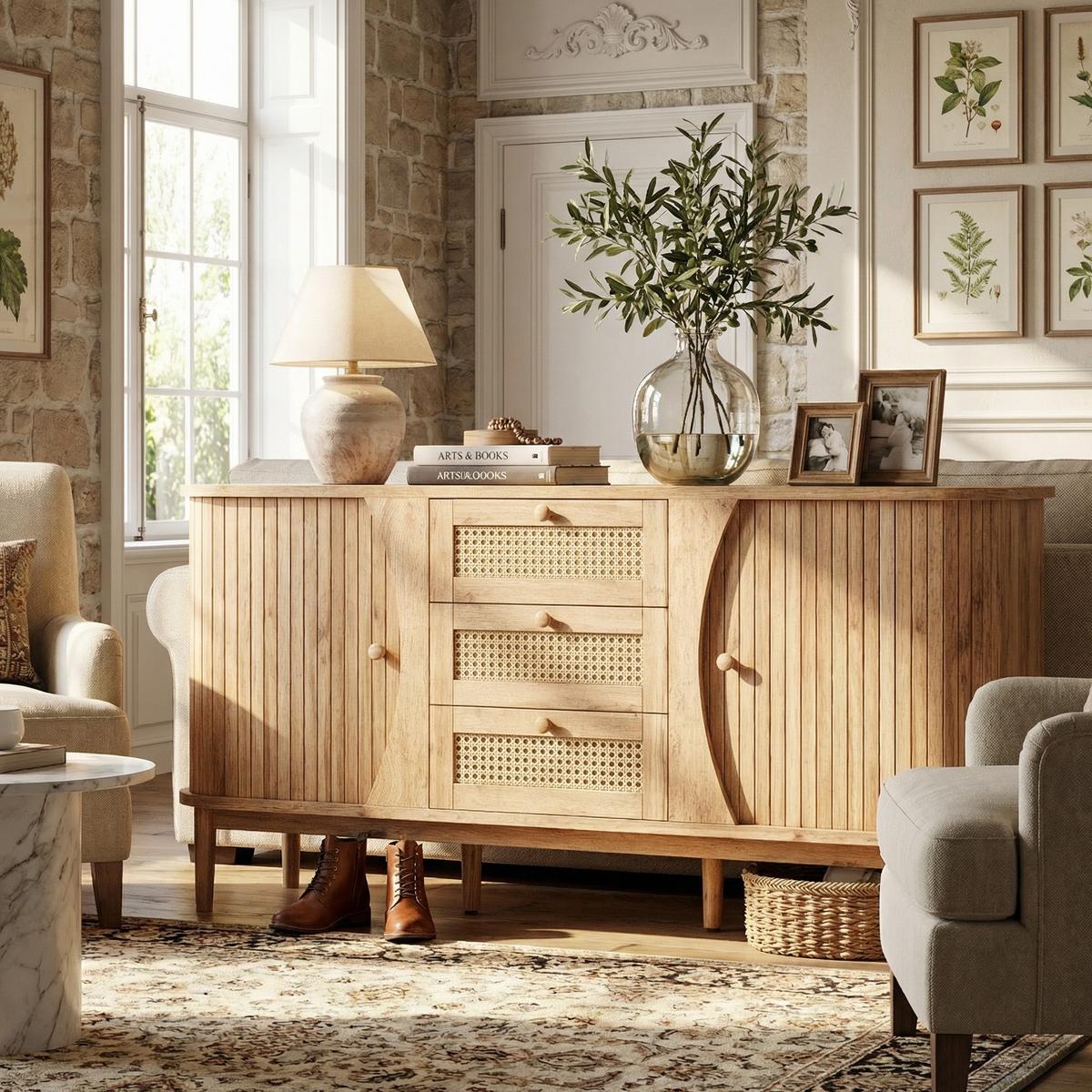 SIDEBOARD Rattan Kommode mit Schiebetüren, 140.5/40/76cm - Kirschbaumfarben, Holzwerkstoff (140/76/40cm) - Urban Meuble