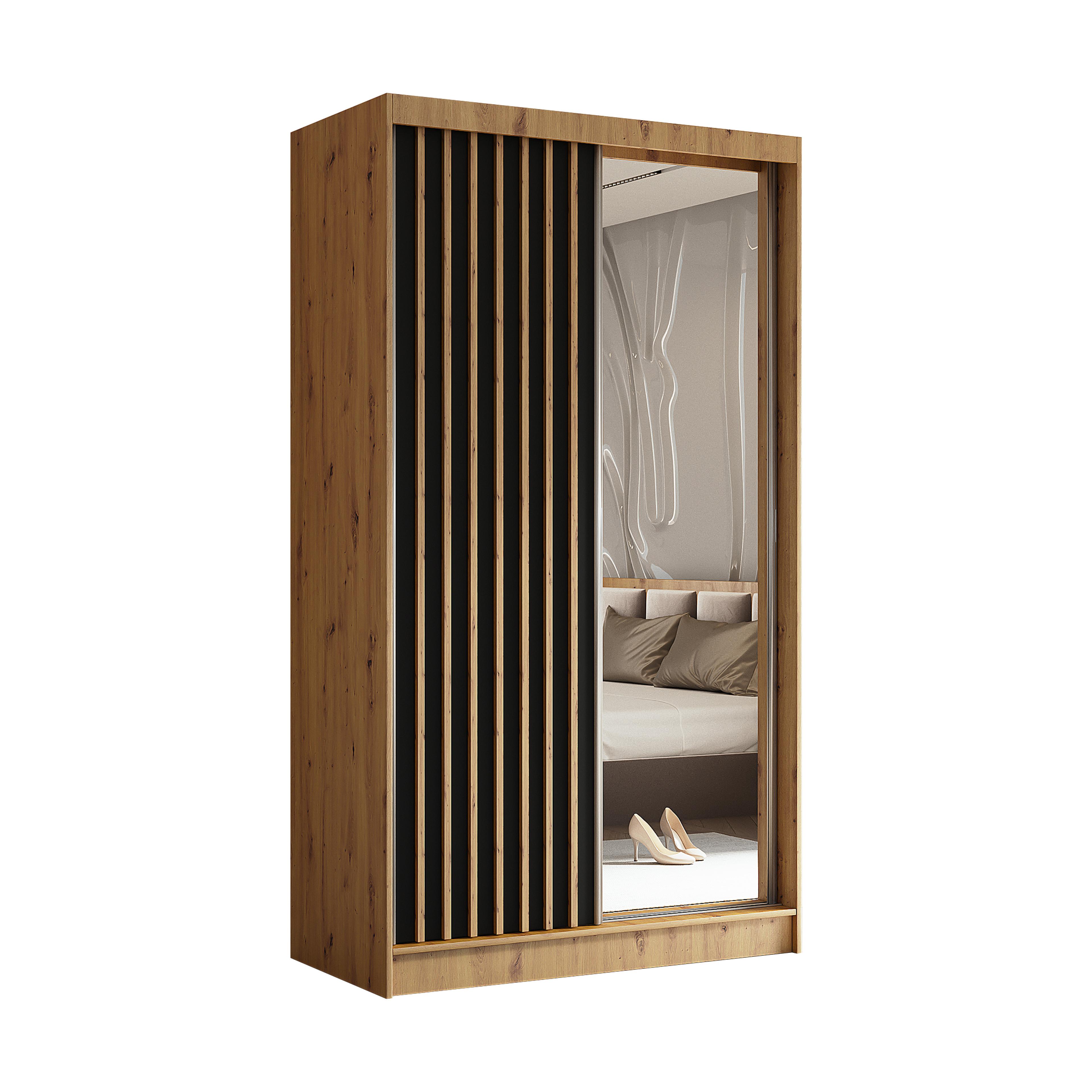 SCHWEBETÜRENSCHRANK LAMELLO 120/216/61 cm 2-türig mit Spiegel Eiche Artisan - Schwarz/Eiche Artisan, Holzwerkstoff (120/216/61cm) - MASSENO