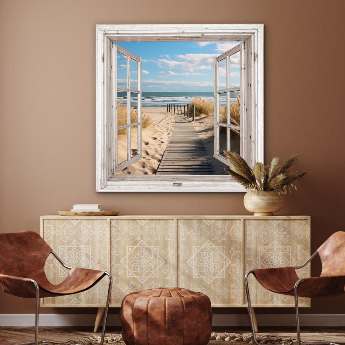 METALLBILD Fenster - Meer - Küste - Natur - Ausblick - Strand - Wattenmeer 90x90 cm - Beige, Metall (90/90cm) - MuchoWow
