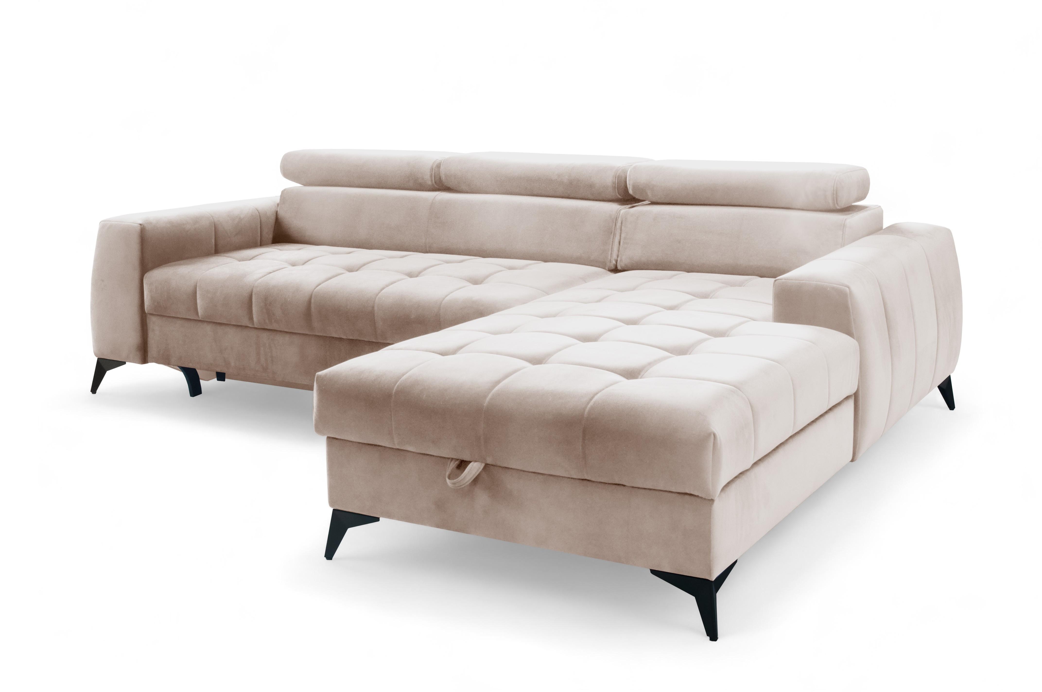 ECKSOFA L Form Arkucio Mini Beige 260/200/95 cm Rechts mit Schlaffunktion - Beige/Schwarz, Textil/Metall (260/200cm) - AX Living