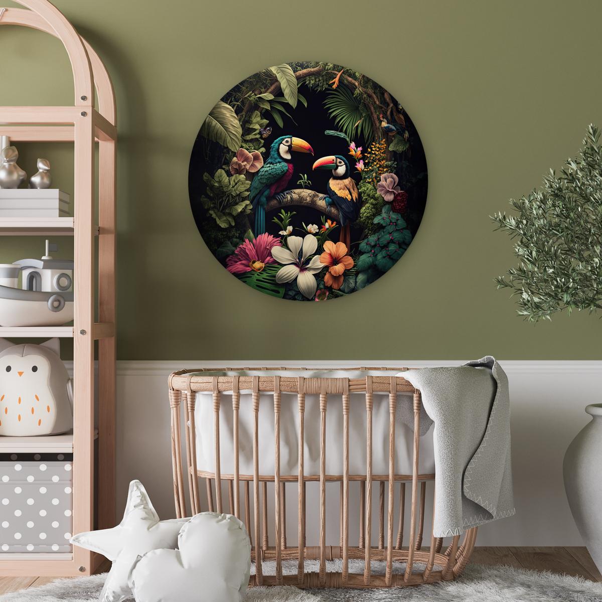 WANDBILD Vogel - Blumen - Pflanzen - Dschungel - Schwarz - Tukan Wanddeko Schlafzimmer 60x60 cm - Smaragdgrün, Kunststoff (60/60cm) - MuchoWow