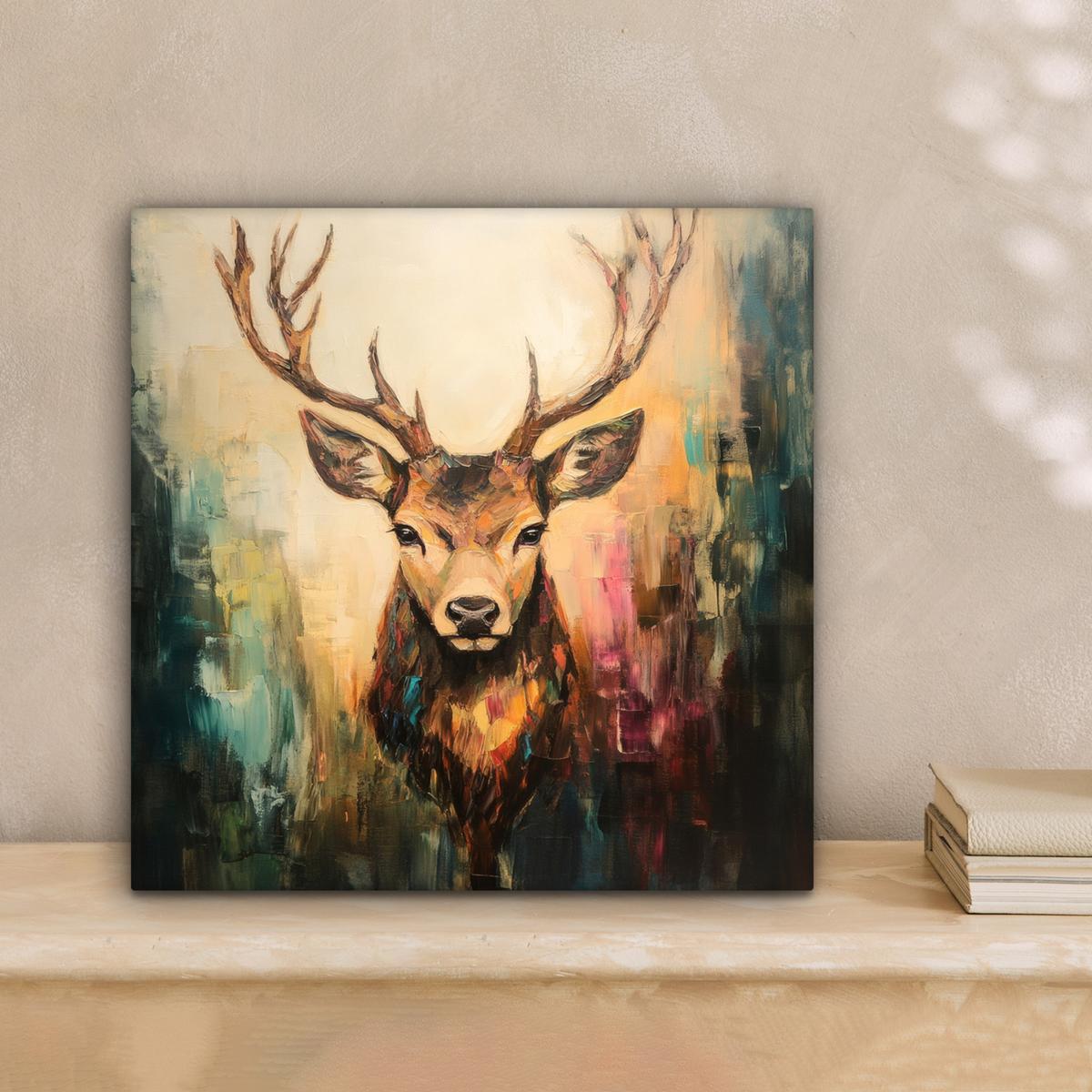 LEINWANDBILD Hirsch - Gemalt - Geweih - Braun Deko Wohnzimmer 20x20 cm - Haselnussfarben, Textil (20/20cm) - MuchoWow
