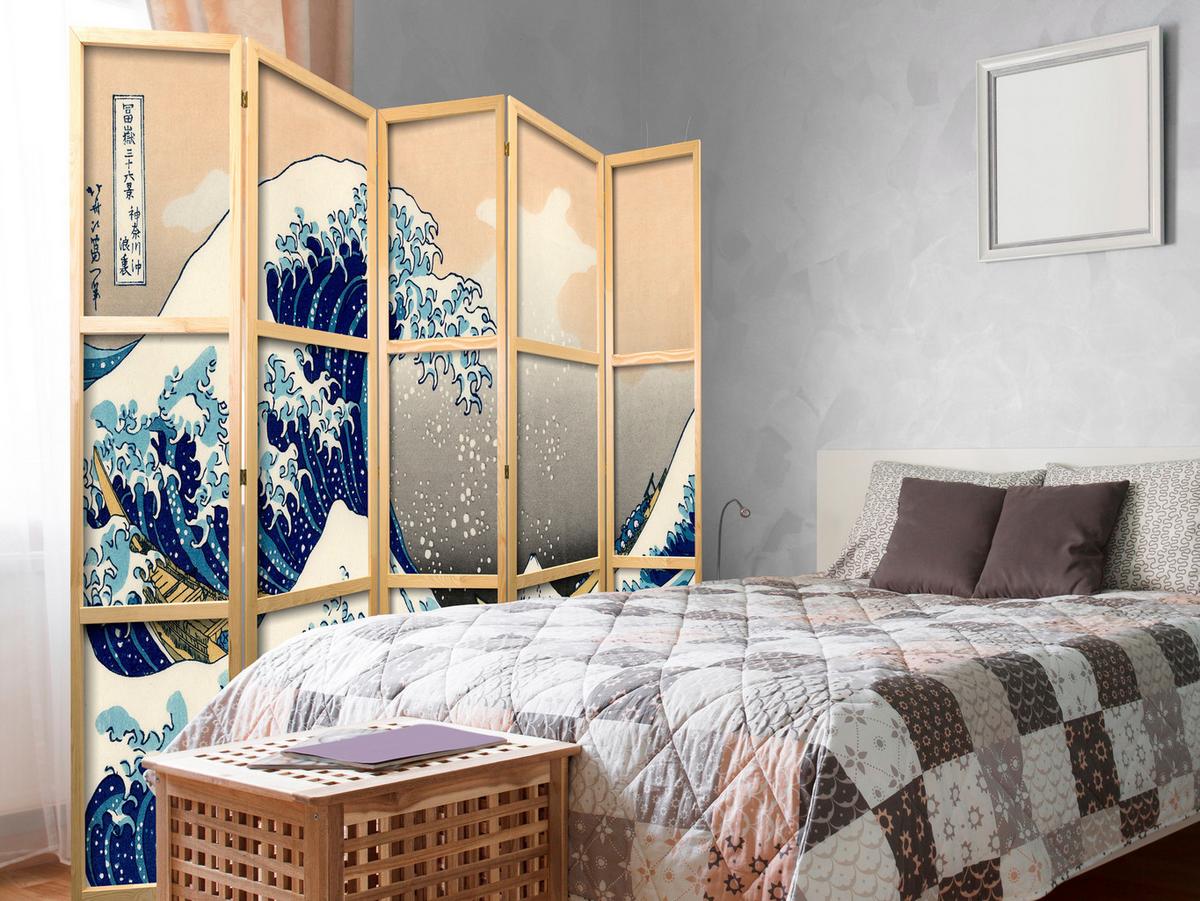 PARAVENT Japanischer 5-tlg 225x172 cm Meereswelle - Multicolor, Holz/Textil (225/172/3cm) - Muralo
