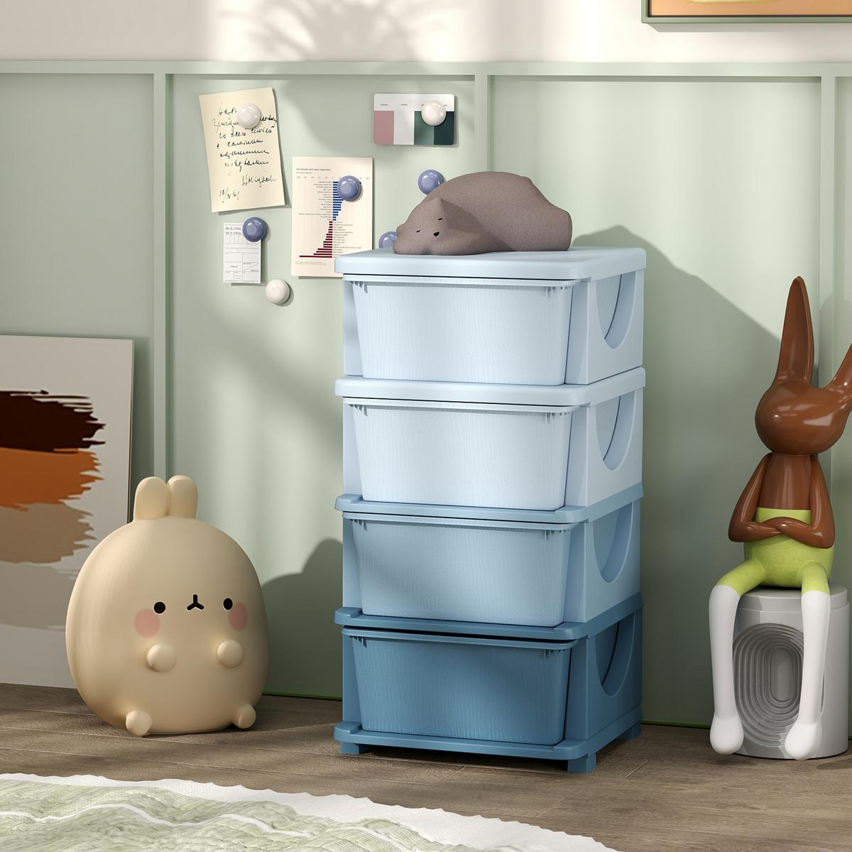 SCHUBLADENSCHRANK für Kinder mit Stauraum Aufbewahrungsboxen vier Ebene - Blau, Kunststoff (37/76/37cm) - HOMCOM