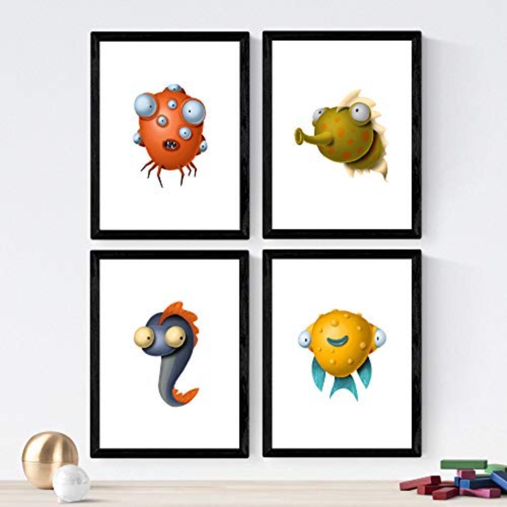 POSTER Set mit 4 Lustige Fischen A3 Rahmenlos - Klar, Papier (29.7/3cm) - Nacnic