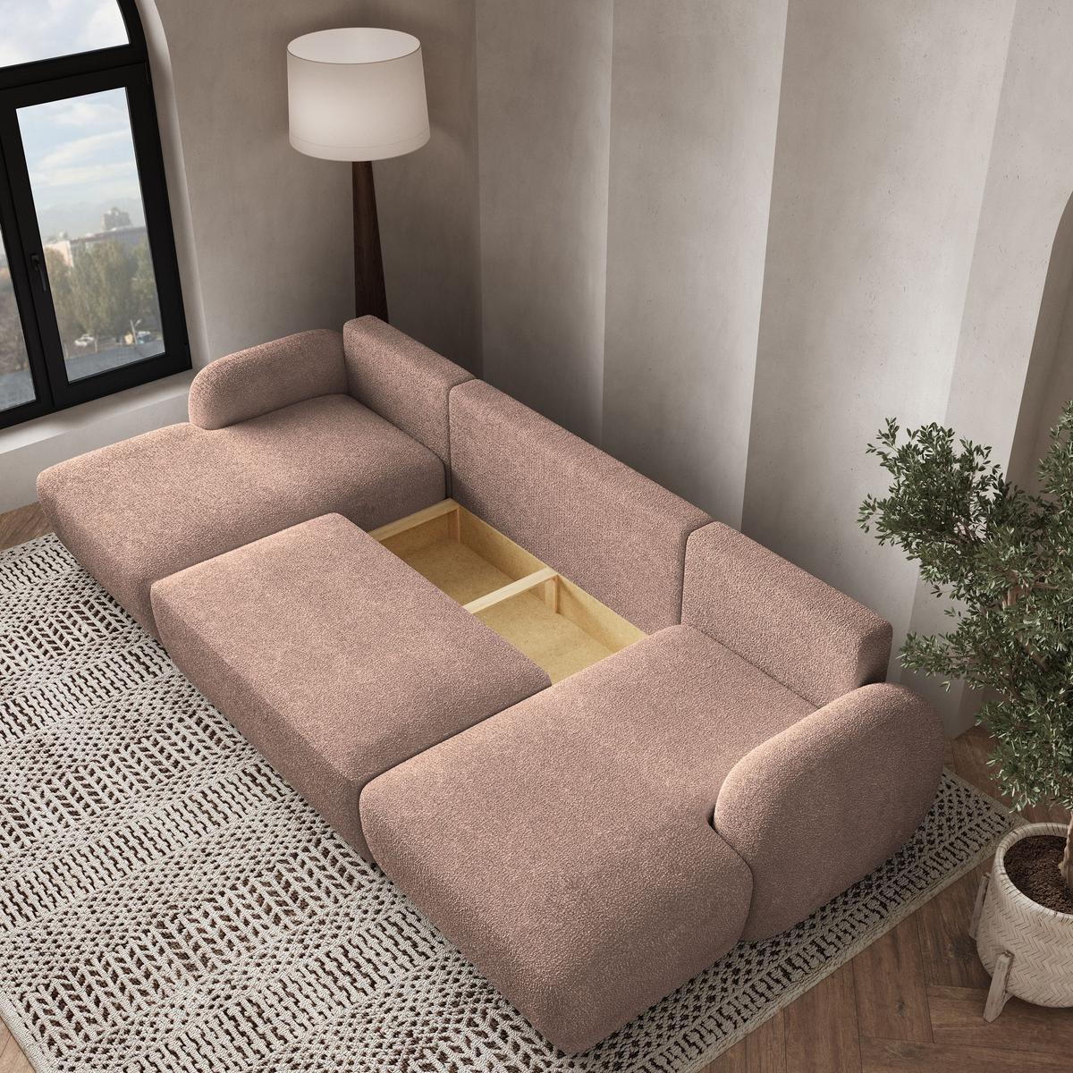 WOHNLANDSCHAFT SAVONA N Rosa Boucle-Stoff mit Schlaffunktion - Schwarz/Rosa, Holz/Kunststoff (320/90/148cm) - MASSENO