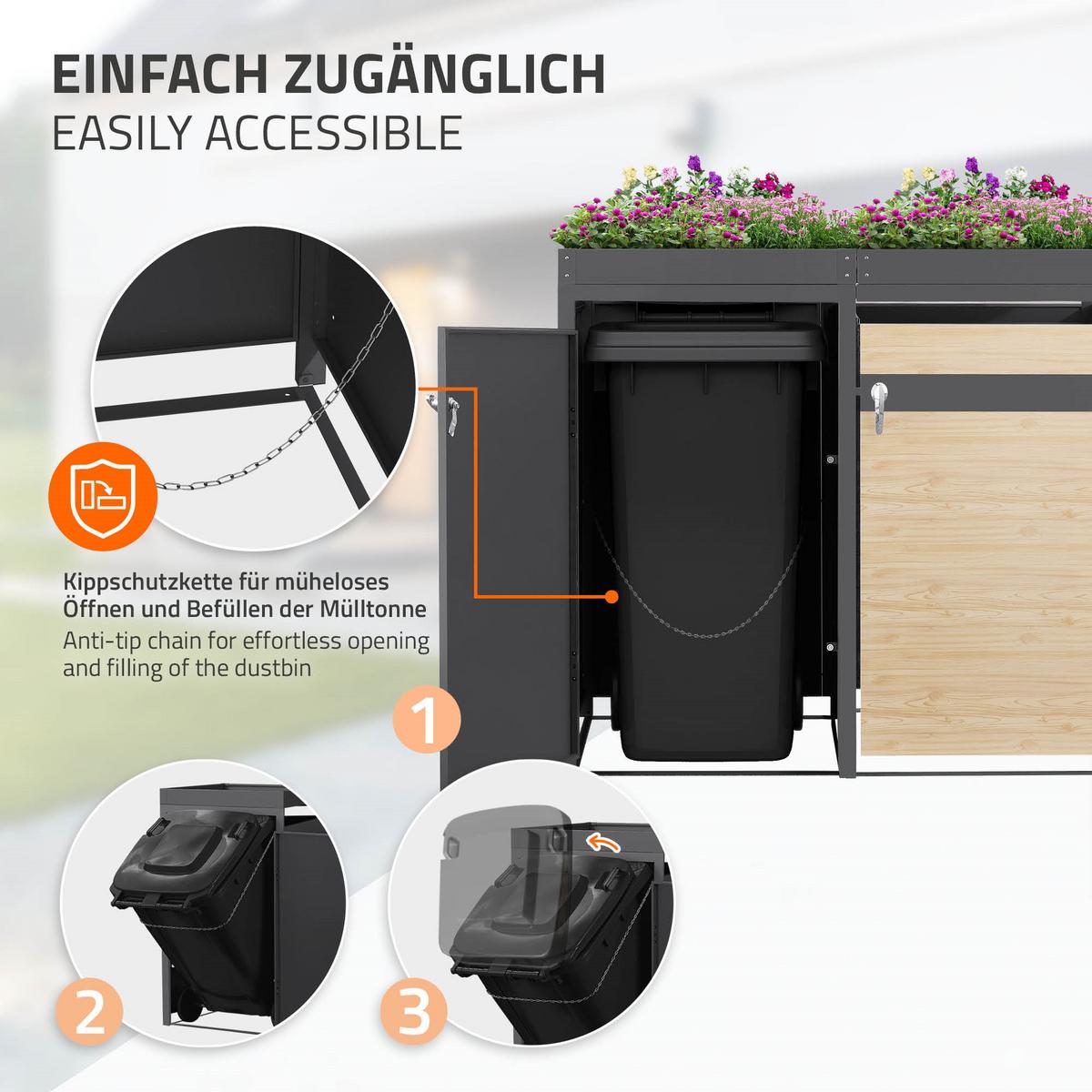 MÜLLTONNENBOX 4er mit Pflanzdach Anthrazit-Holzoptik - Hellbraun, Metall (264/124/80cm) - ML-DESIGN