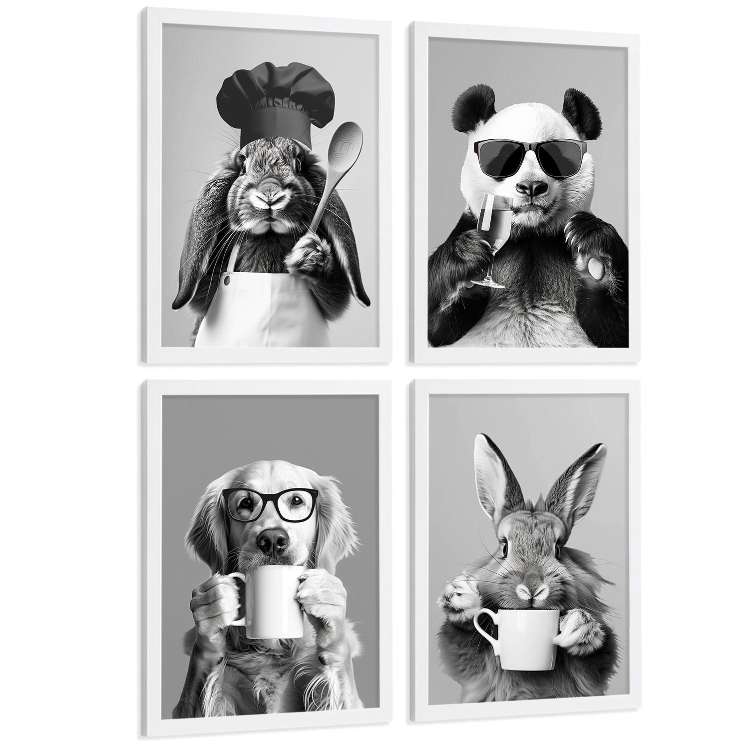 POSTER 4er Set Lustige Tiere Schwarz Weiß Wandbilder Hase Panda Golden Retriever Koch Küche Deko Weißer Rahmen A3 - Weiß, Papier (29.7/1/42cm) - Nacnic