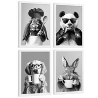 POSTER 4er Set Lustige Tiere Schwarz Weiß Wandbilder Hase Panda Golden Retriever Koch Küche Deko Weißer Rahmen A3 - Weiß, Papier (29.7/1/42cm) - Nacnic