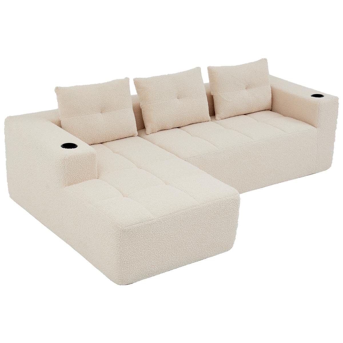 ECKSOFA chenille L-form mit getränkehaltern & 3 kissen - Beige, Textil (258/163cm) - Urban Meuble