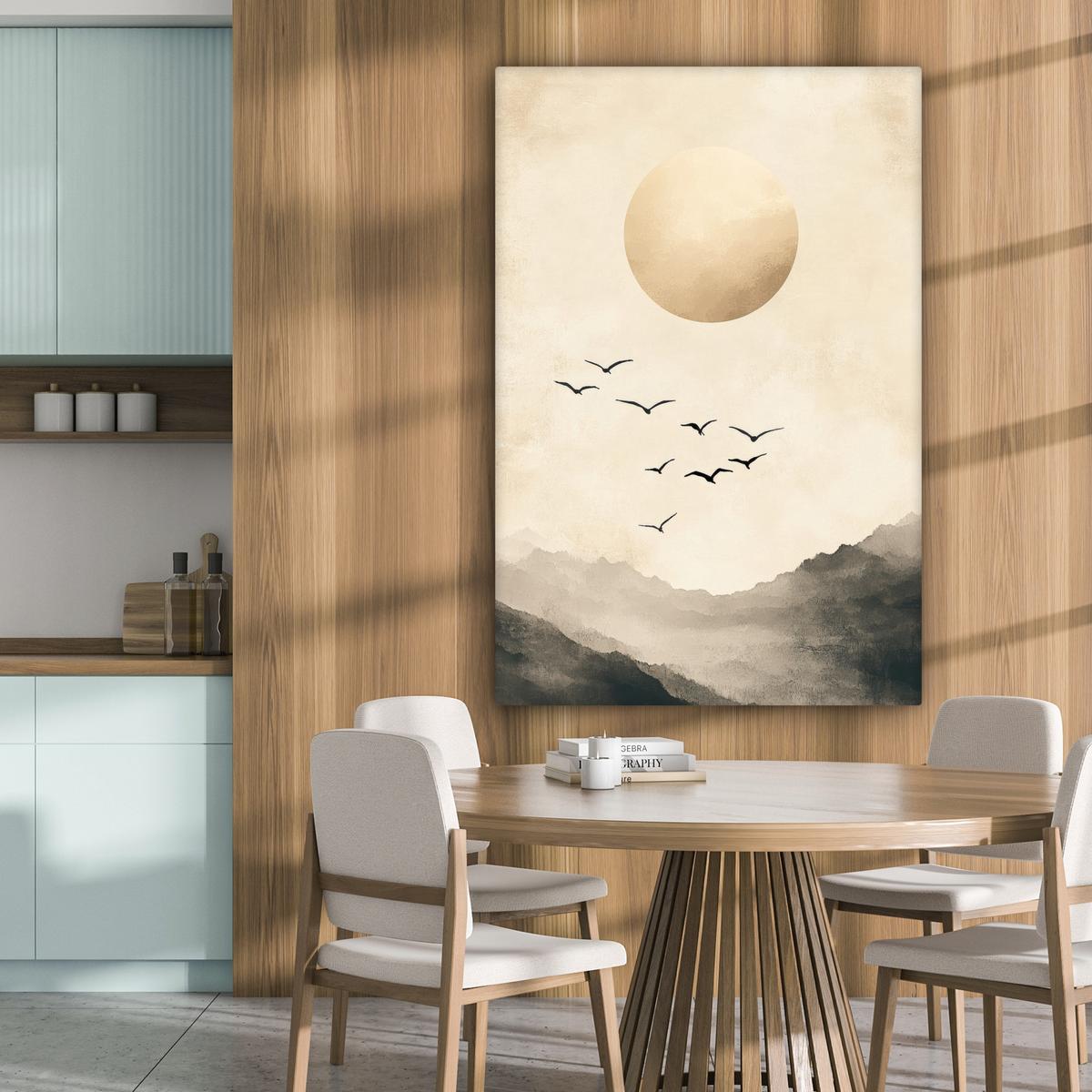 LEINWANDBILD Landschaft - Japandi - Vogel Deko XXL 80x120 cm - Beige, Textil (80/120cm) - MuchoWow