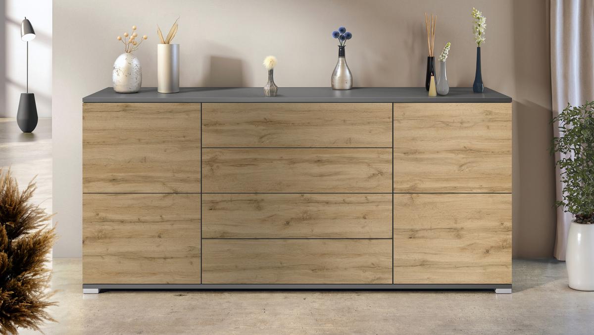SIDEBOARD Rova Eiche Evoke - Dunkelbraun/Eiche San Remo, Holzwerkstoff (166.5/75.5/35cm) - Vladon