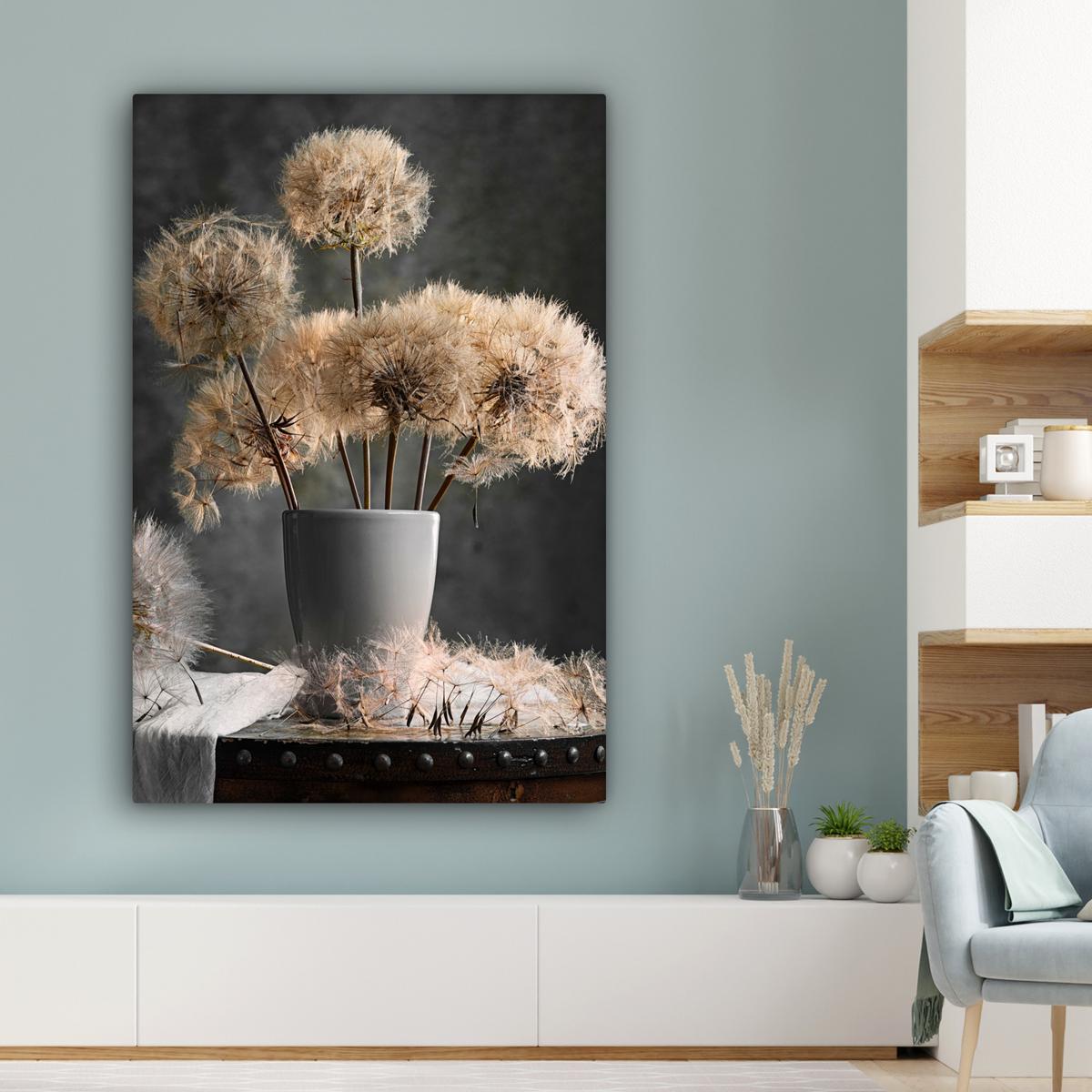 LEINWANDBILD Blumensamen - Löwenzahn - Vase - Stilleben - Blumenstrauß Deko XXL 80x120 cm - Dunkelgrau, Textil (80/120cm) - MuchoWow