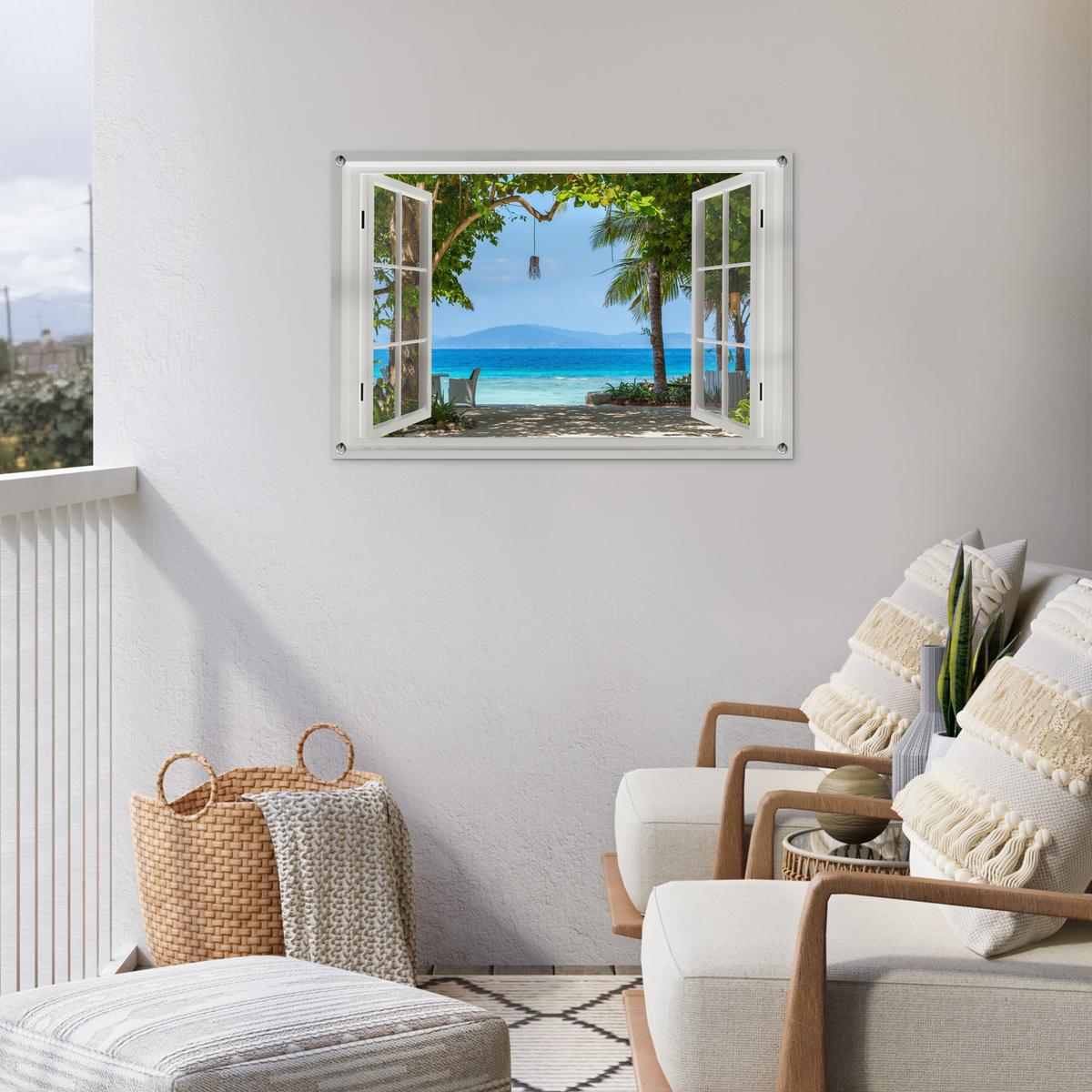 GARTENPOSTER Aussicht - Baum - Meer - Palme - Hügel - Strand - Blau Gartendeko 90x60 cm - Weiß, Kunststoff (90/60/0.2cm) - OnlyWow