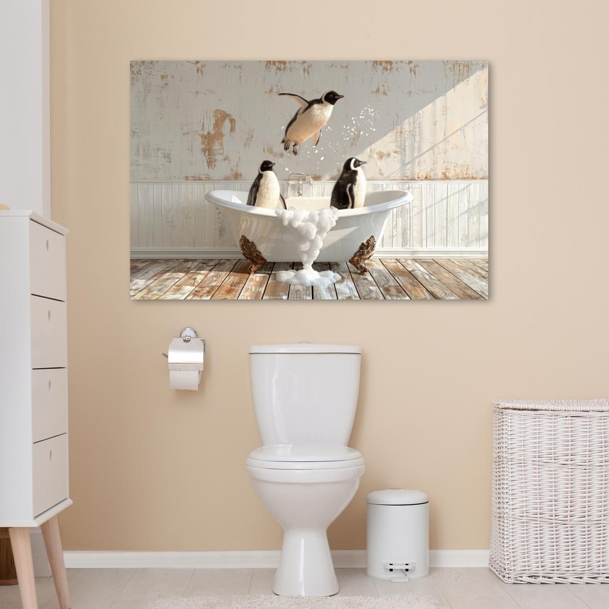 LEINWANDBILD Vintage - Pinguin - Badewanne - Schaumstoff Wohnzimmer Groß 120x80 cm - Schwarz, Textil (120/80cm) - MuchoWow