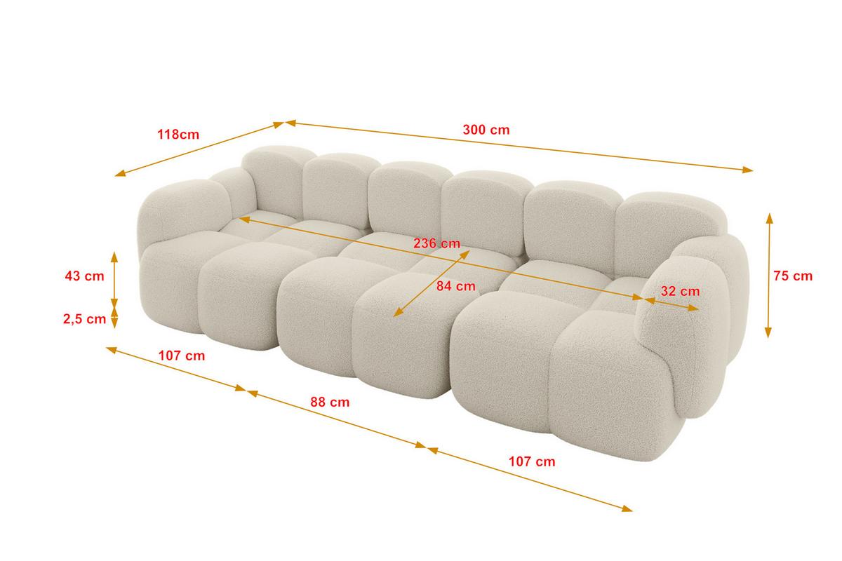 3-SITZER modulares Sofa Miko-S2 300x118x75 cm Beige Bouclé - Sandfarben/Schwarz, Holzwerkstoff/Kunststoff (300/75/118cm) - ALTDECOR