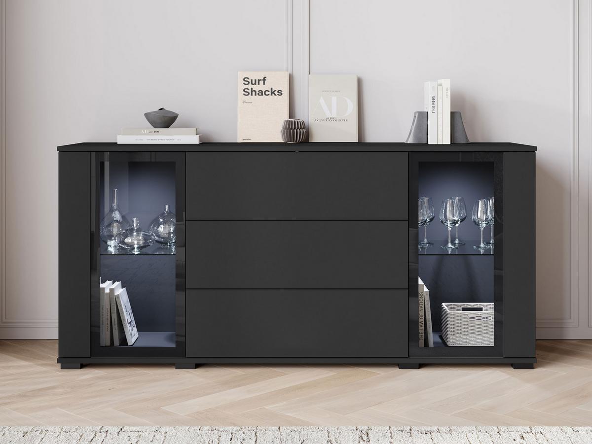 SIDEBOARD Caro SB 150 2D3S mit weißer LED Beleuchtung - Schwarz, Holzwerkstoff/Kunststoff (150/70/40cm) - MIRJAN24