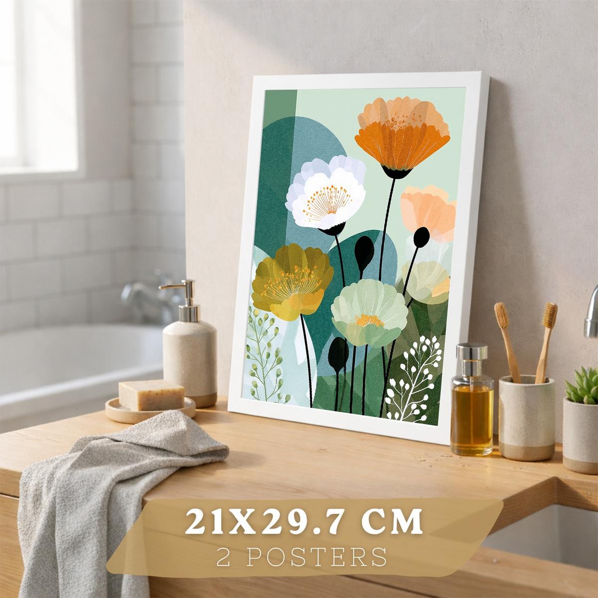 POSTER 2er-Set dekorative Badezimmerdrucke, moderne florale Wandposter für Waschbecken, Dusche, abstrakte florale, nordischer Stil Weißer Rahmen A4 - Weiß, Papier (29.7/21/3cm) - Nacnic