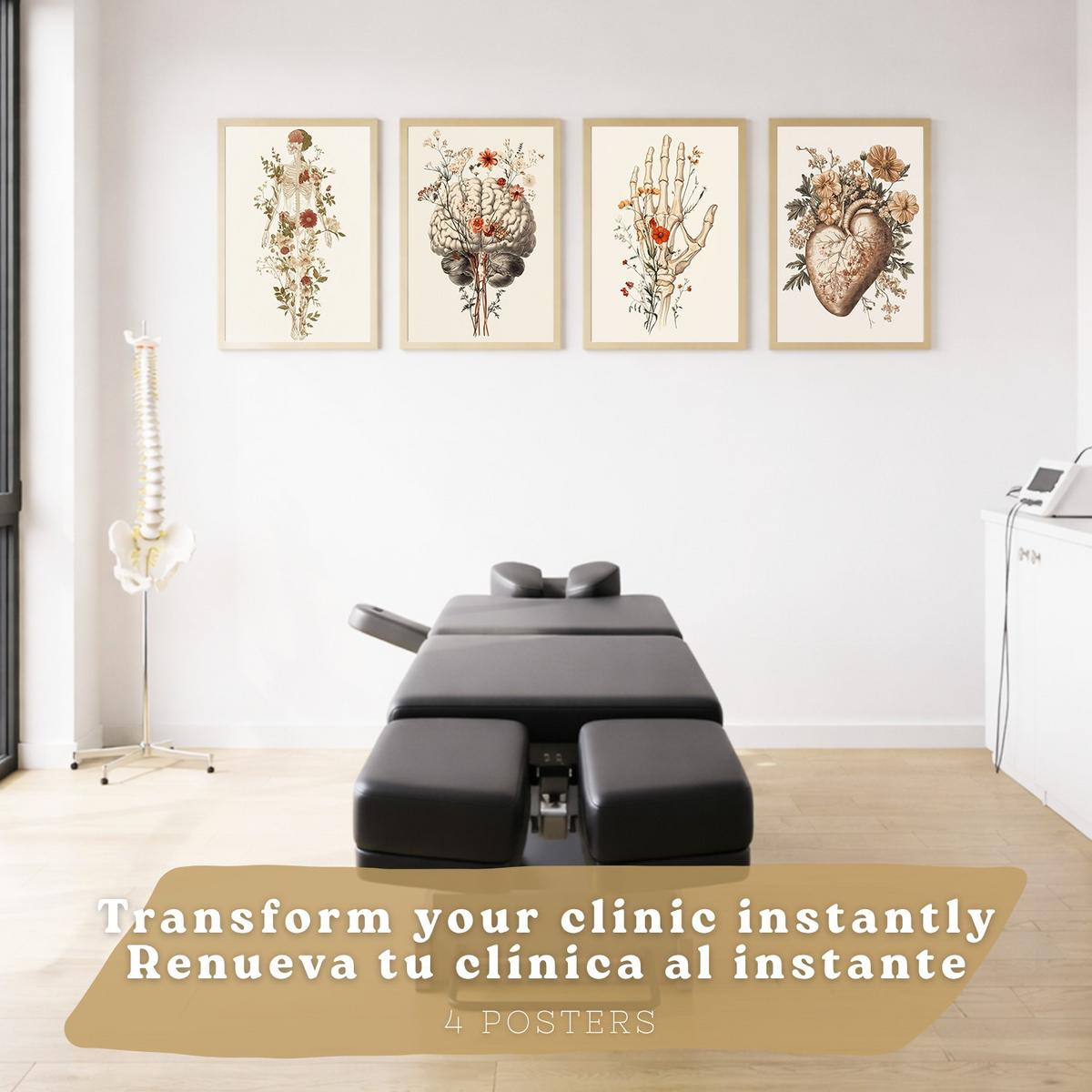 POSTER Set aus 4 Anatomie Mensch Dekorative Drucke und Wandbilder mit Blumen Ganzkörper Gehirn Hand und Herz Stil Größe Leichter Holzrahmen A4 - Beige, Papier (21/29.7/3cm) - Nacnic