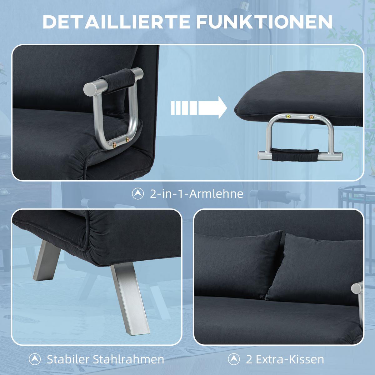 2-SITZER Sofa mit Schlaffunktion, Schlafsofa mit Verstellbarer Rückenlehne - Silberfarben/Schwarz, Textil/Metall (80/78/111cm) - HOMCOM