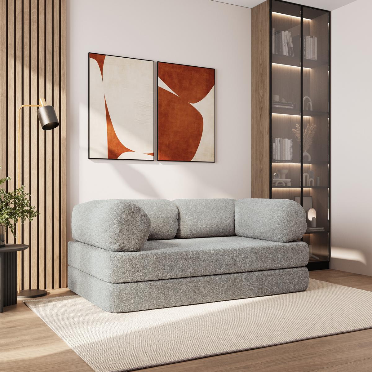 BETTSOFA EIREN aus Schaumstoff Bucle-Stoff Hellgrau Schlaffunktion - Hellgrau, Textil (170/68/80cm) - MASSENO