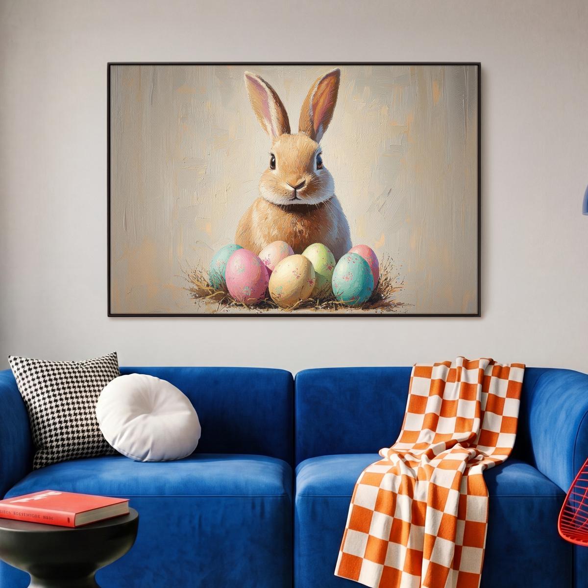 LEINWAND Bilder mit Rahmen - Osterhase - Pastell - Eier - 90x60 - Beige, Textil (90/60cm) - MuchoWow