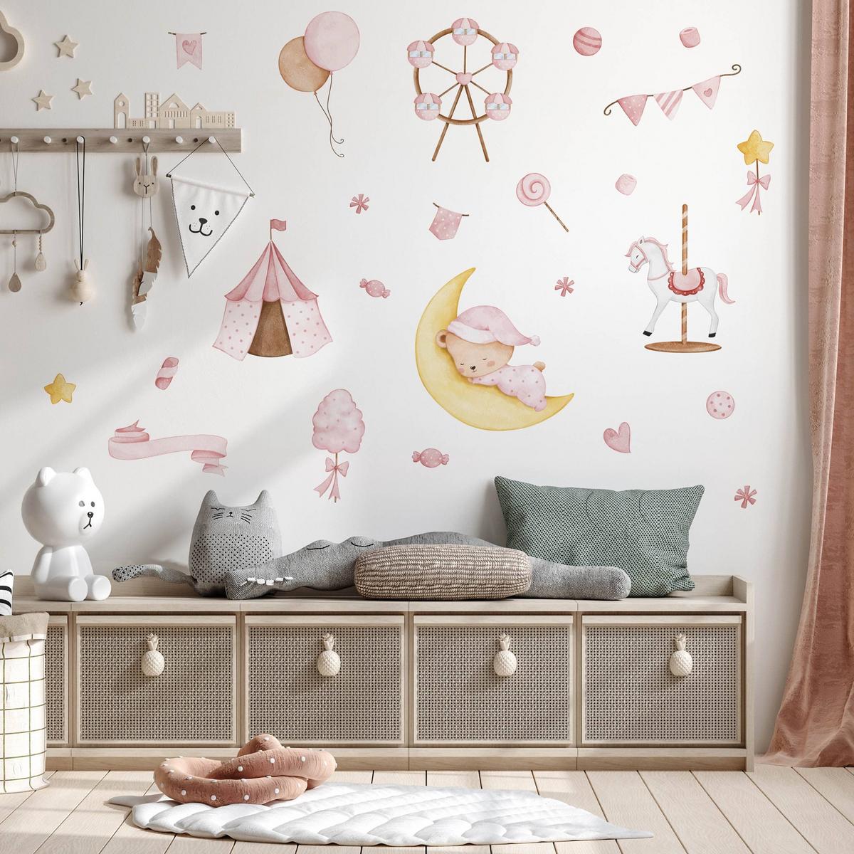 WANDSTICKER Teddybär auf dem Mond Sterne Ballons 120x60 - Gelb/Rosa, Papier (120/60/1cm) - Muralo
