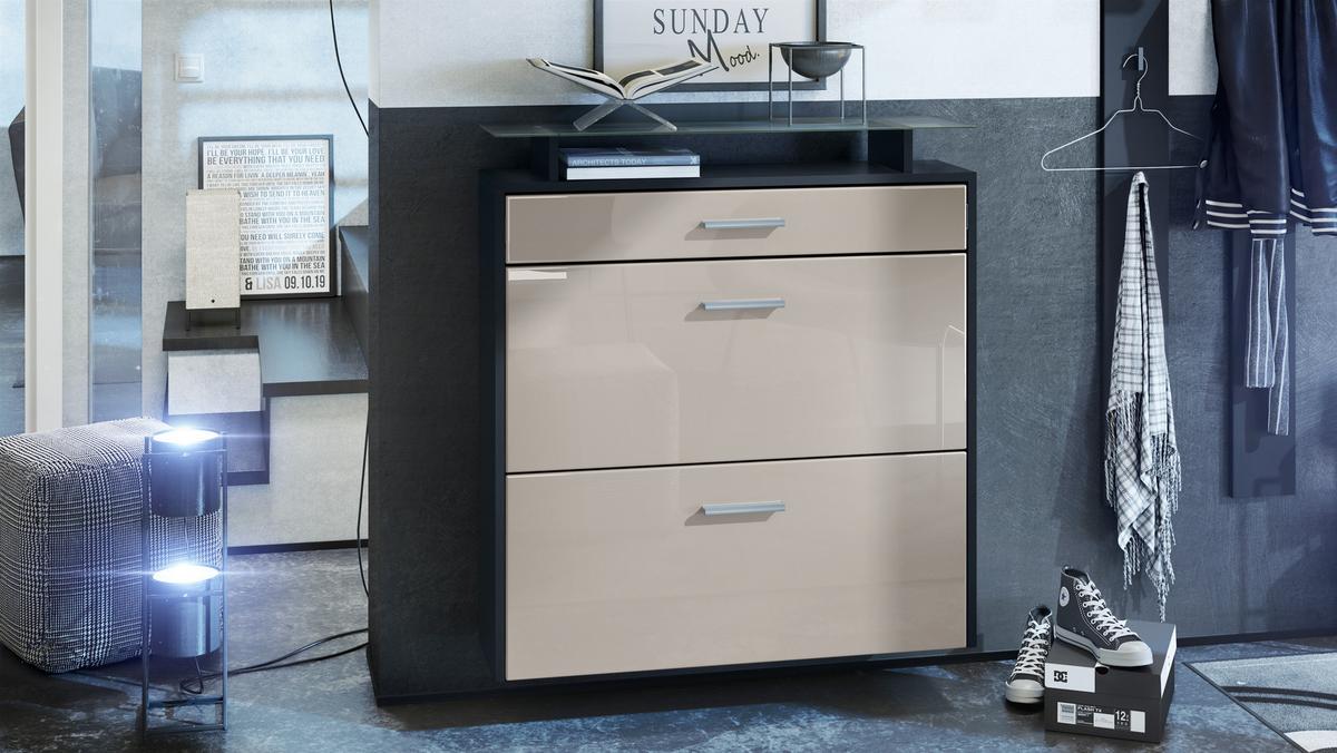 SCHUHSCHRANK Malea Front in Sandgrau Hochglanz - Sandfarben, Holzwerkstoff (89/96/23cm) - Vladon