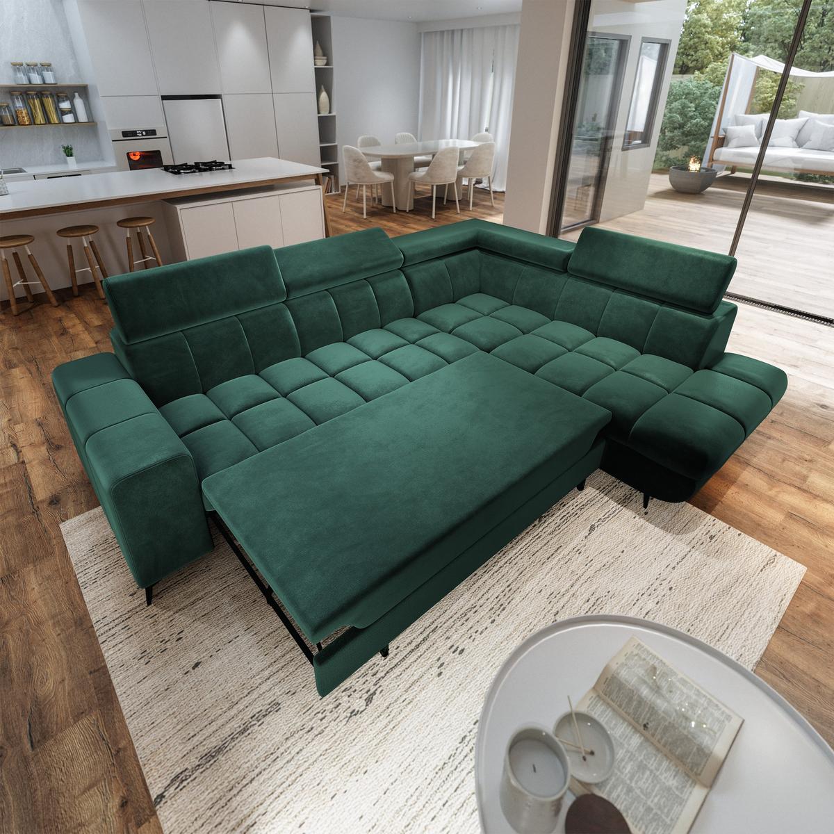 ECKSOFA MORIVA R-S Grün Velours-Stoff mit Schlaffunktion - Grün, Holz (253/190cm) - MASSENO