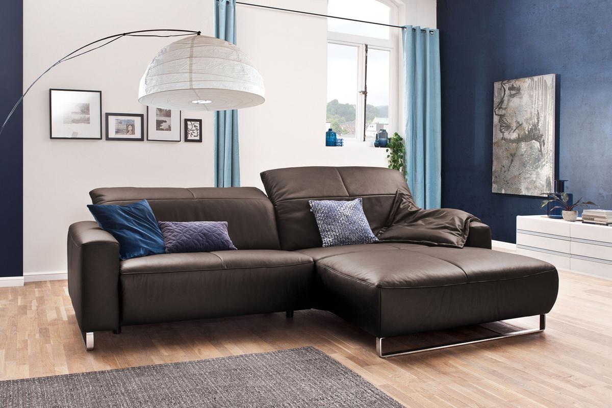 ECKSOFA MIT SITZTIEFENVERSTELLUNG YORK Sonoma Trüffel Dekor Leder Relaxfunktion - Dunkelbraun/Silberfarben, Leder (284/180cm) - KAWOLA