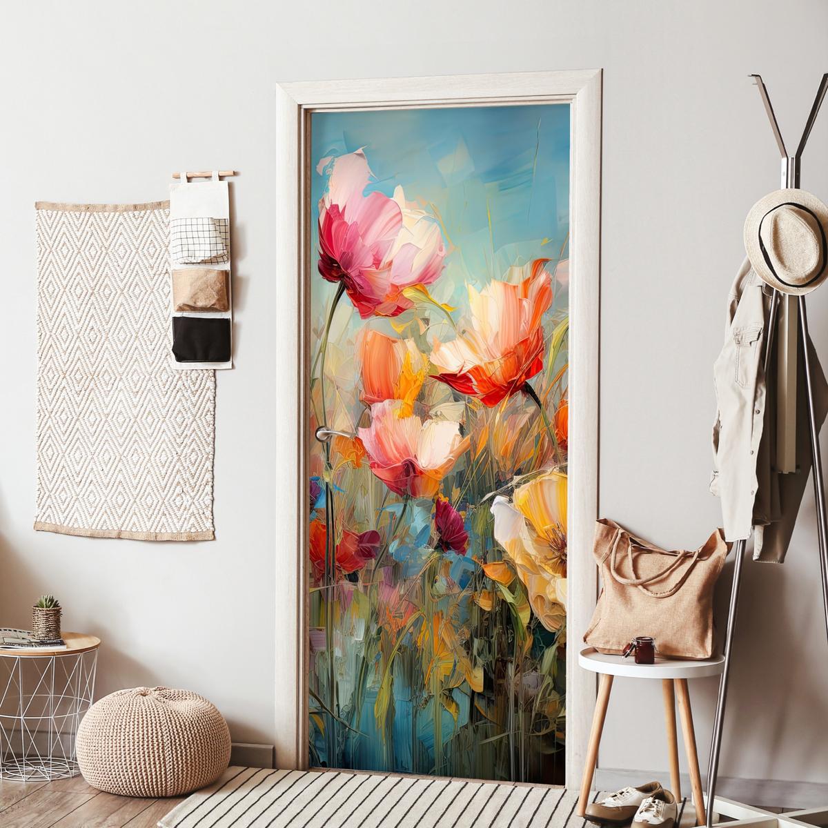 TÜRAUFKLEBER Selbstklebend - Blumen - Aquarell - Kunst - Botanisch - Natur 85x205 cm - Türtapete - Orange, Kunststoff (85/205cm) - MuchoWow