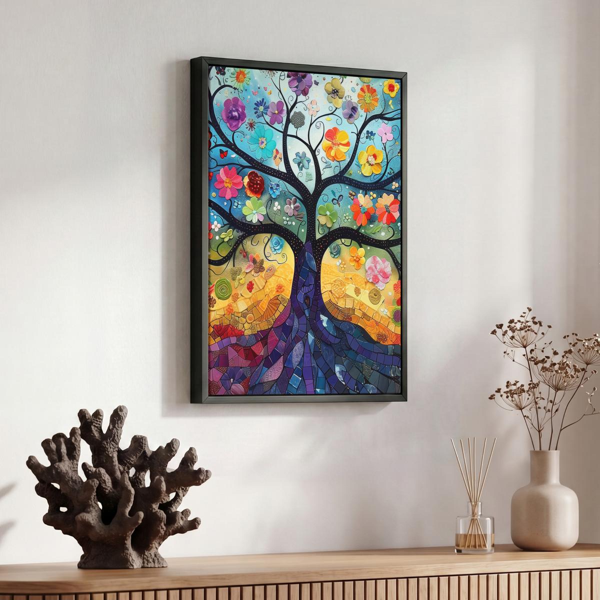 LEINWAND Bilder mit Rahmen - Kunst - Baum des Lebens - Blumen - Hippie - 30x40 - Dunkelblau, Textil (30/40cm) - MuchoWow