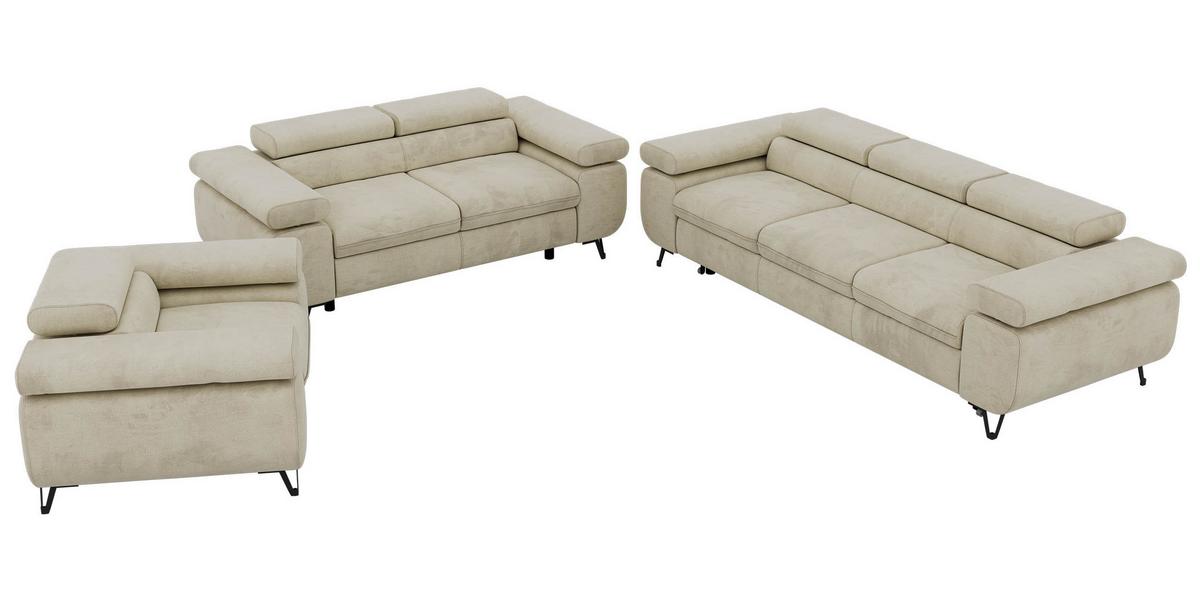 SITZGARNITUR PETER 1+2+3 mit Schlaffunktion - Beige Velvet - Beige/Schwarz, Textil/Metall (262/76/99cm) - MKS