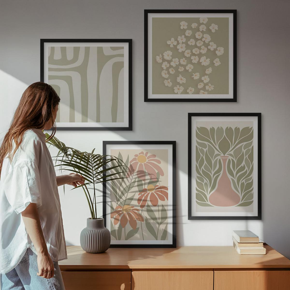 BILDER SET 4er Set - 50x50 cm & 40x60 cm Schwarzer Rahmen - Floraler minimalistischer Boho-Stil - Schwarz, Kunststoff (50/50cm) - TULUP