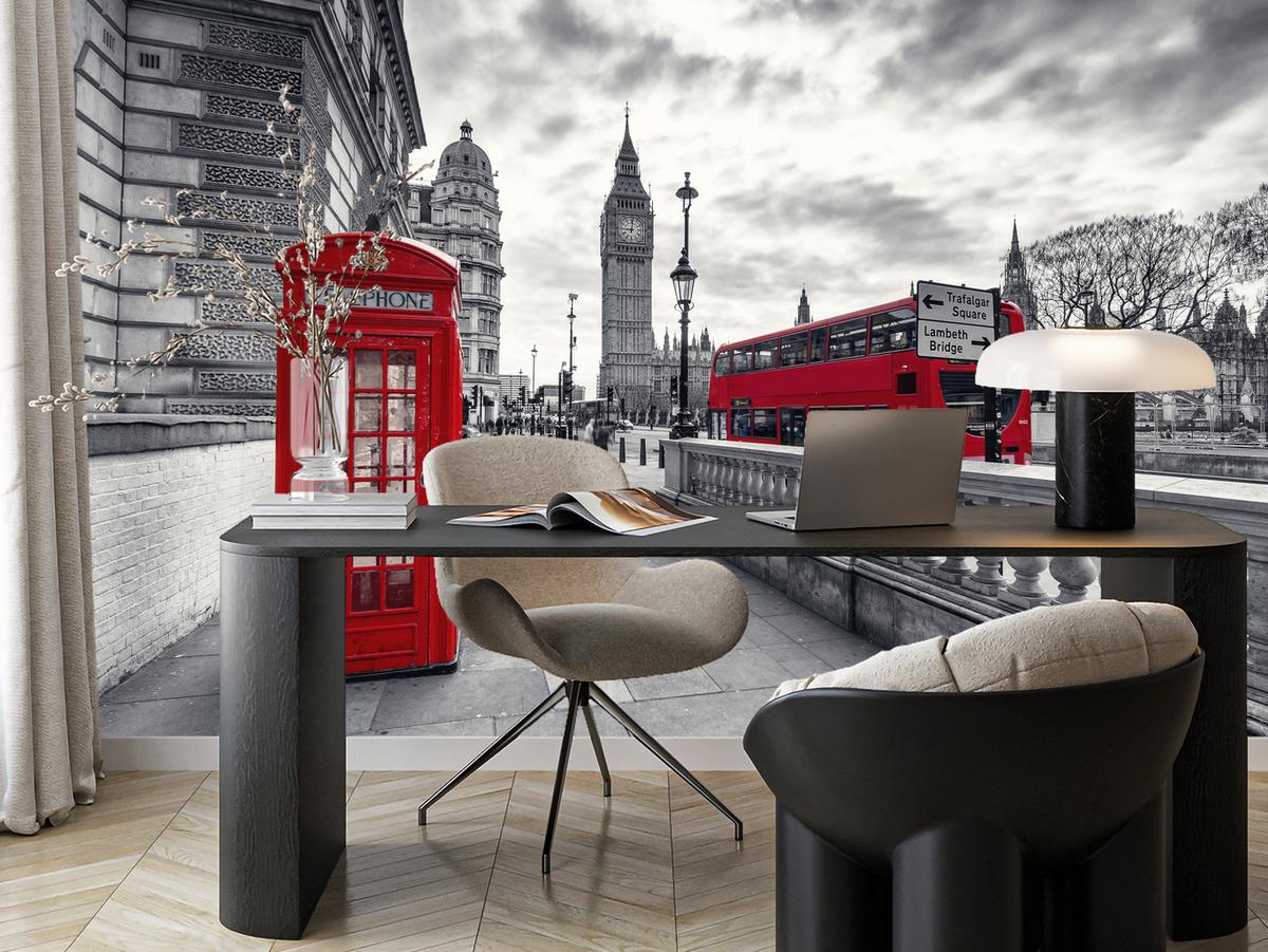 FOTOTAPETE für Wohnzimmer Rote Telefonzelle London Monument BIG BEN Bus 150x105 - Rot/Weiß, Papier (150/105cm) - Muralo