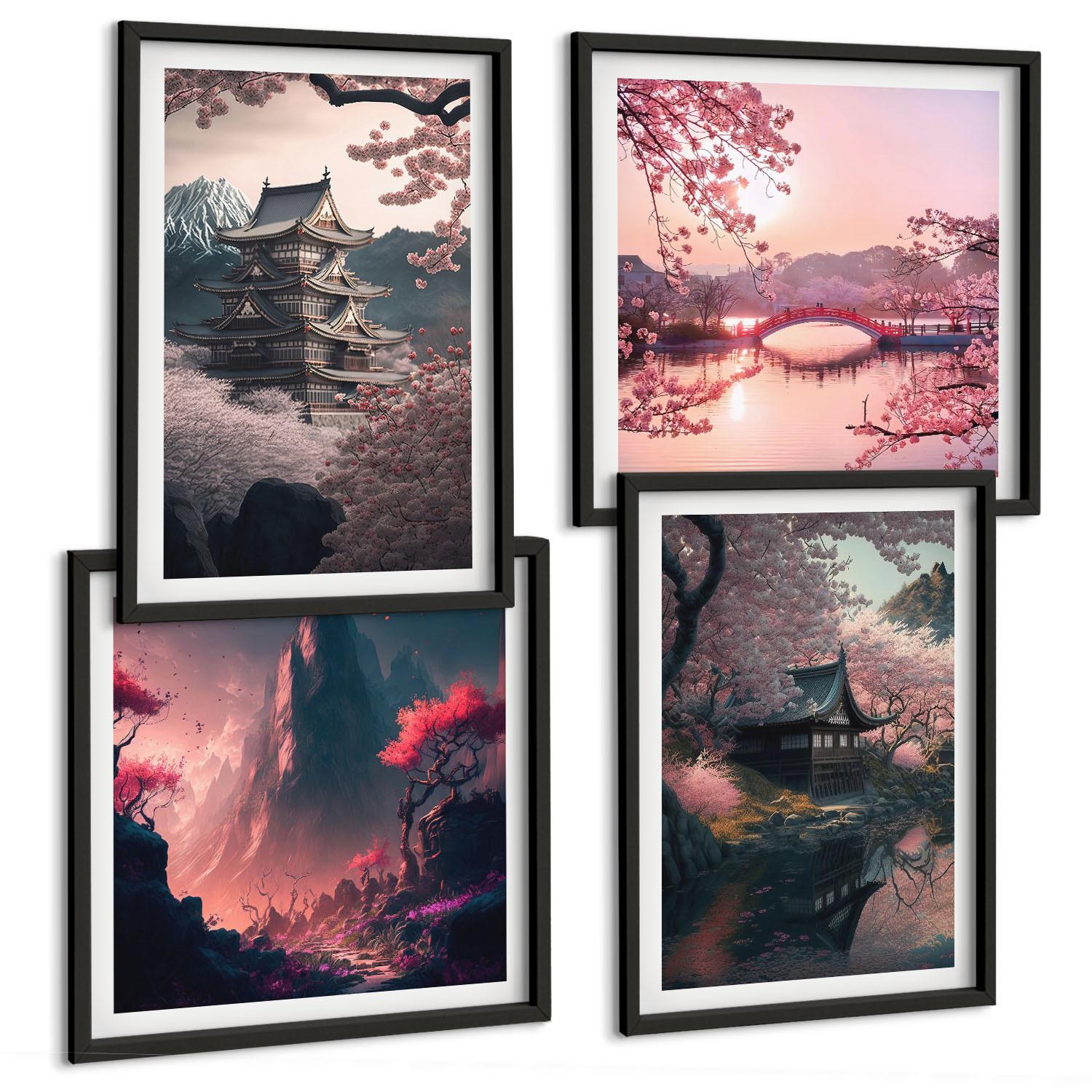 BILDER SET 4er Set - 50x50 cm & 40x60 cm Schwarzer Rahmen - Fantasielandschaften Japans - Schwarz, Kunststoff (50/50cm) - TULUP