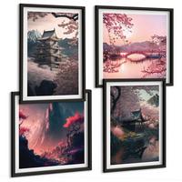 BILDER SET 4er Set - 50x50 cm & 40x60 cm Schwarzer Rahmen - Fantasielandschaften Japans - Schwarz, Kunststoff (50/50cm) - TULUP