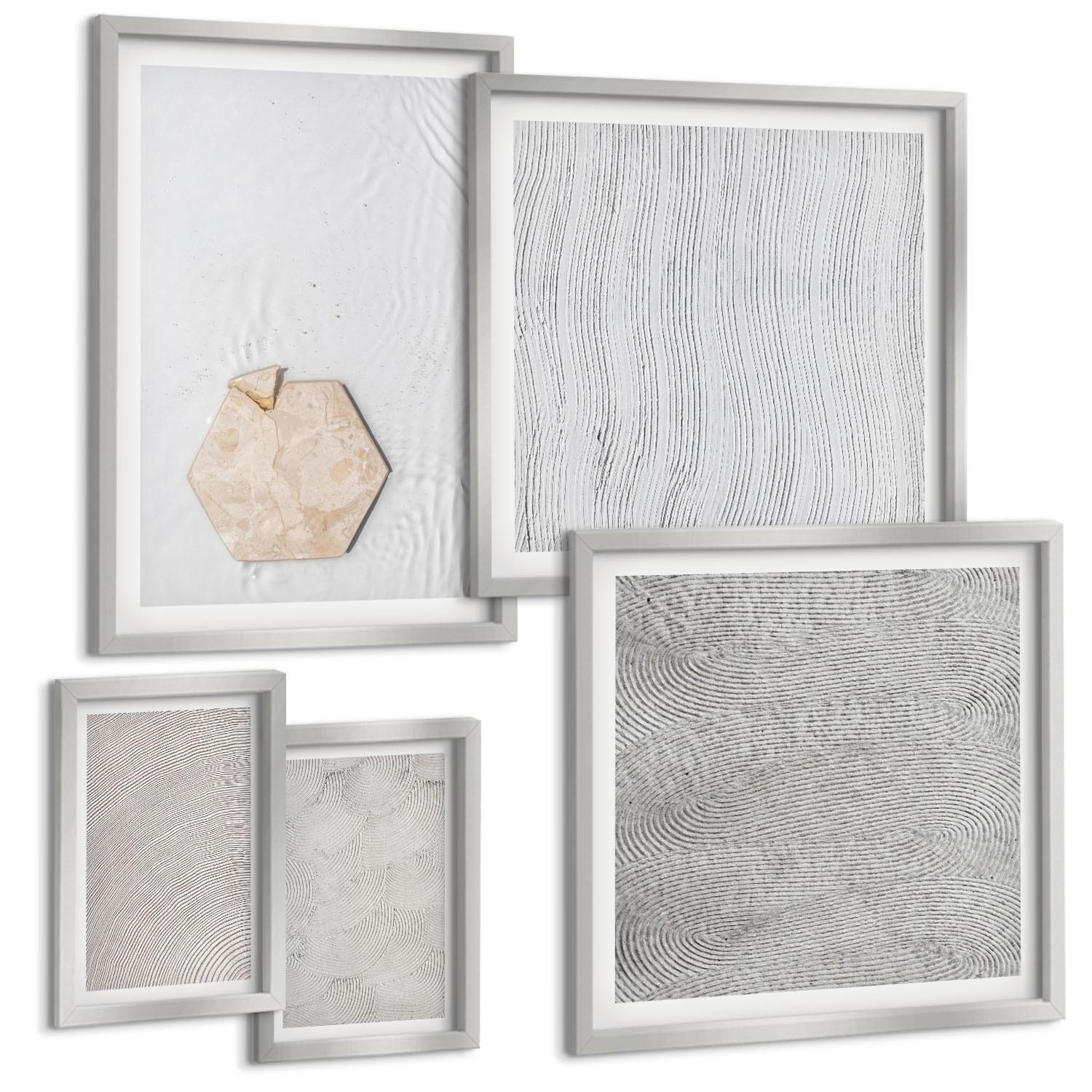 BILDER SET 5er Set - 50x50 cm & 20x30 cm & 40x60 cm Silberner Rahmen - Leichte Boho-Sandtexturen - Silberfarben, Kunststoff (40/60cm) - TULUP