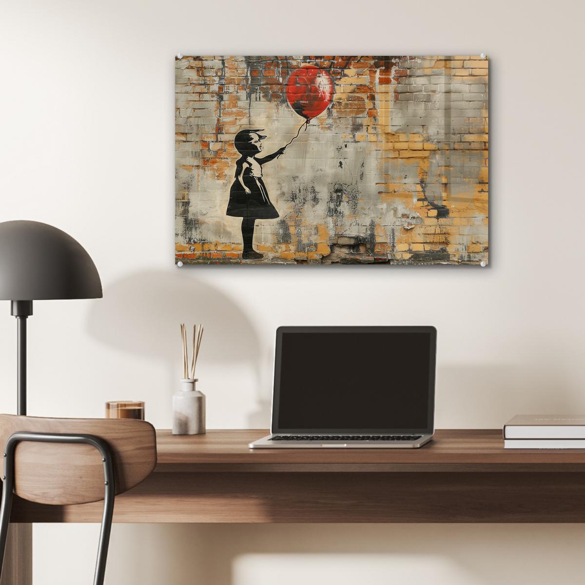 ACRYLGLASBILD Graffiti - Banksy - Mädchen - Straßenkunst Wanddeko 60x40 cm - Sandfarben, Glas (60/40cm) - MuchoWow